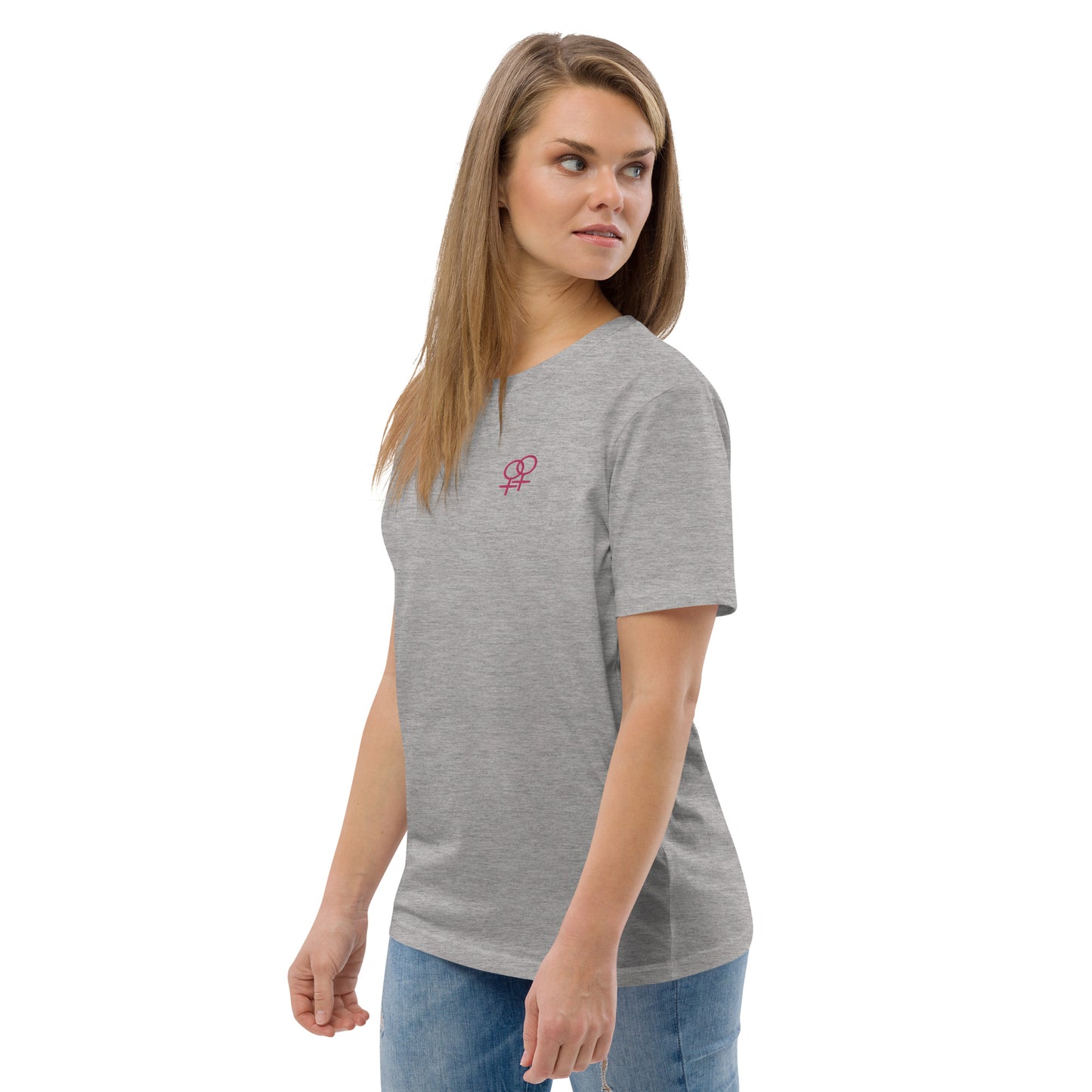 Frau liebt Frau pink auf Unisex-Bio-Baumwoll-T-Shirt gestickt