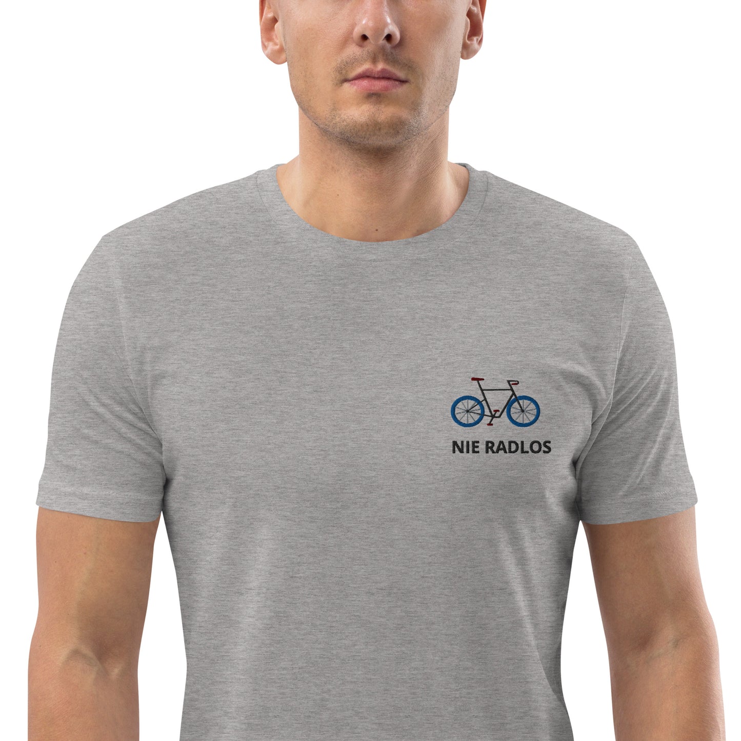 Fahrrad (NIE RADLOS) auf Unisex-Bio-Baumwoll-T-Shirt gestickt