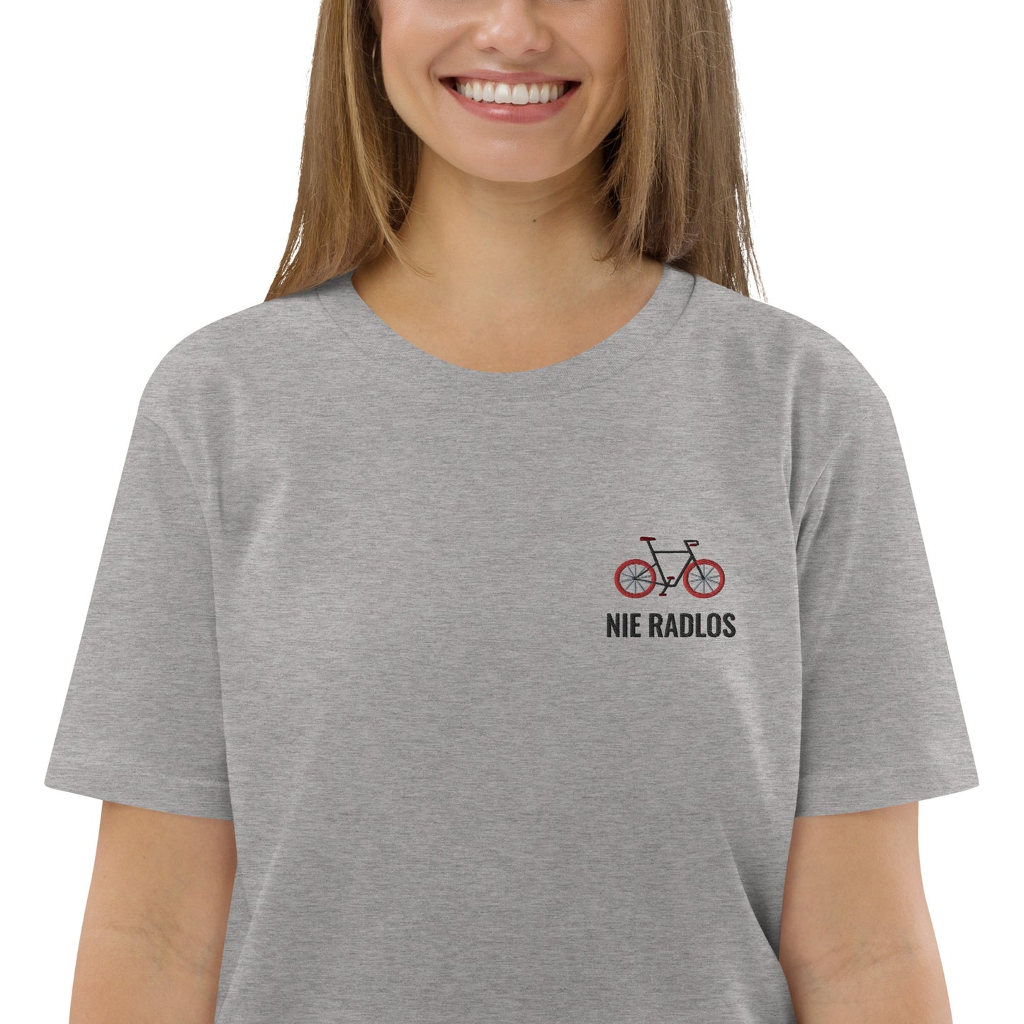 Fahrrad (NIE RADLOS) auf Unisex-Bio-Baumwoll-T-Shirt gestickt