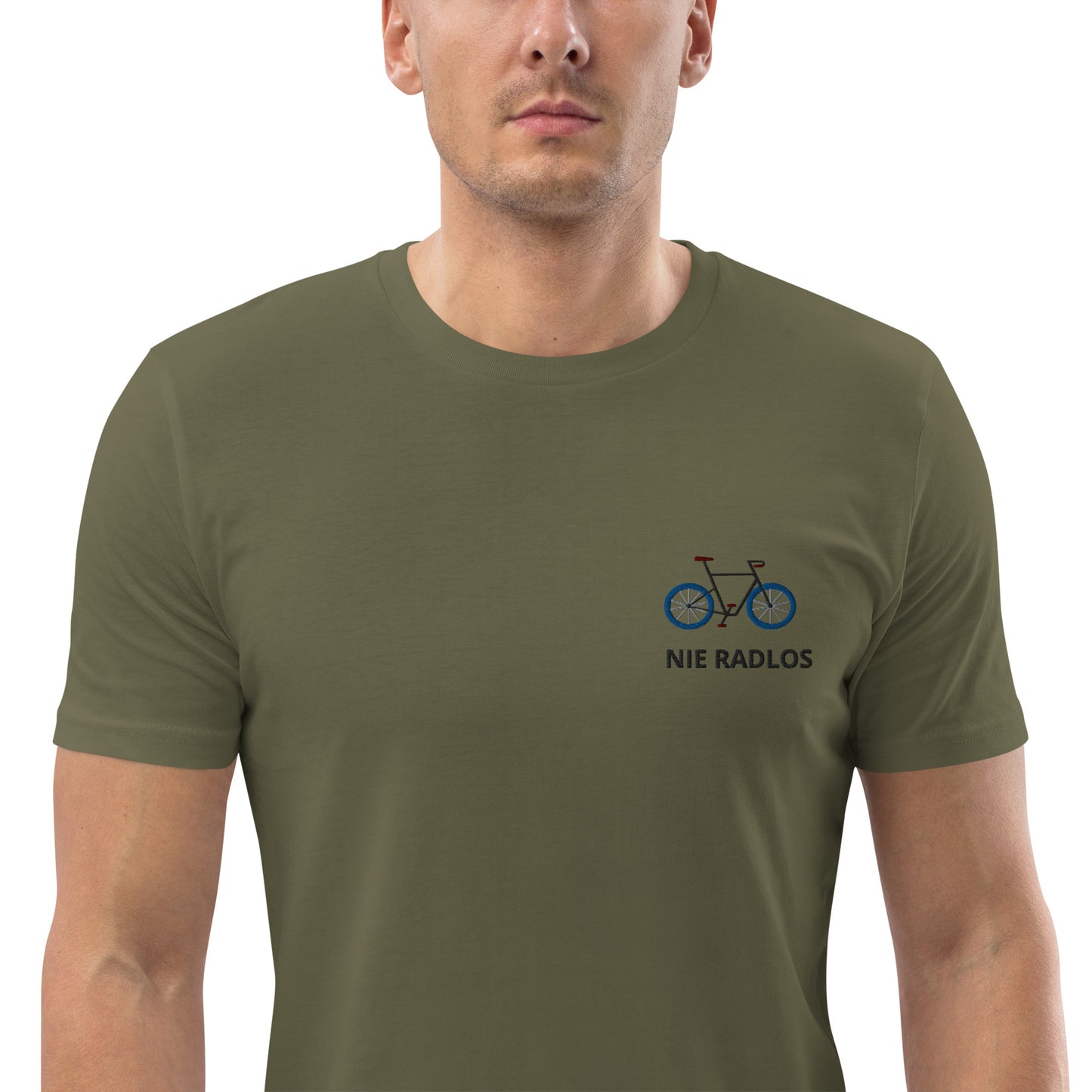 Fahrrad (NIE RADLOS) auf Unisex-Bio-Baumwoll-T-Shirt gestickt