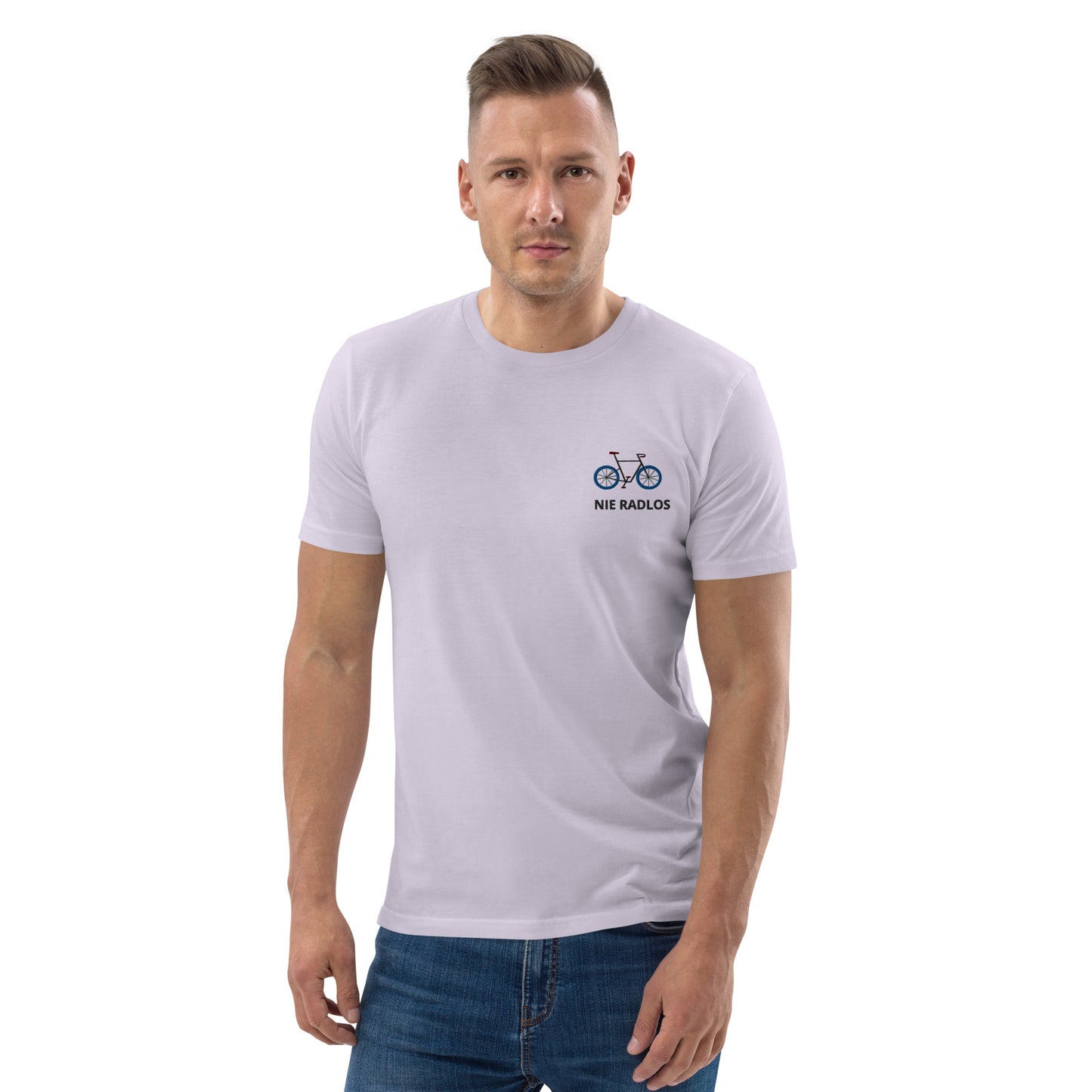 Fahrrad (NIE RADLOS) auf Unisex-Bio-Baumwoll-T-Shirt gestickt