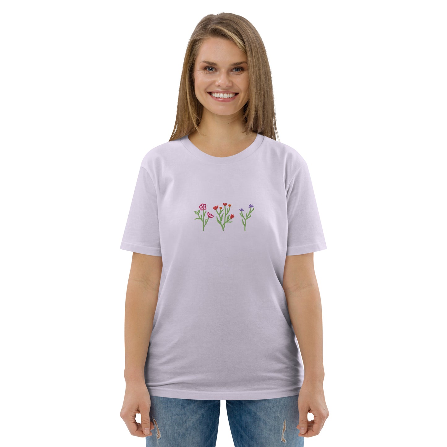 Wildblumen auf Unisex-Bio-Baumwoll-T-Shirt gestickt