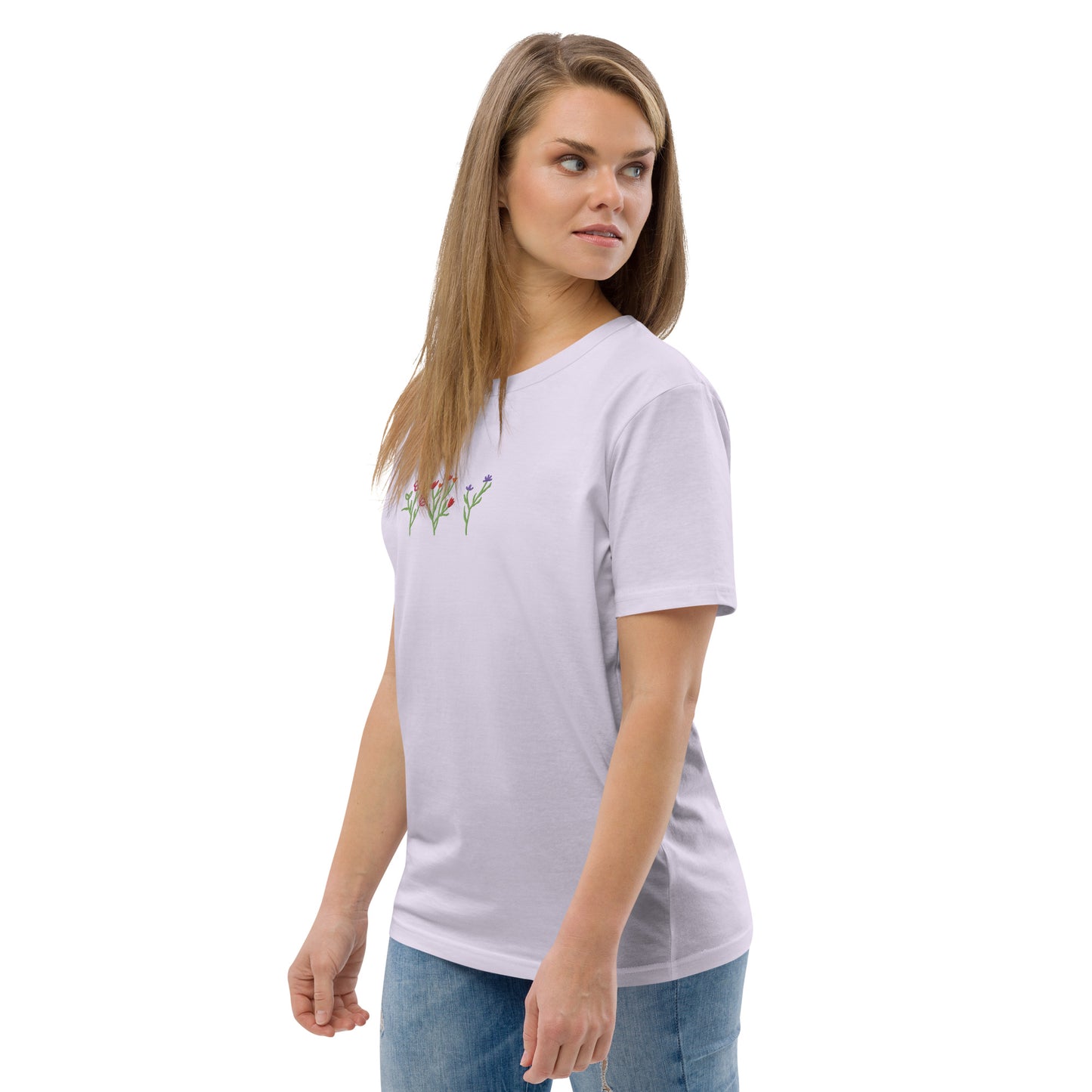 Wildblumen auf Unisex-Bio-Baumwoll-T-Shirt gestickt