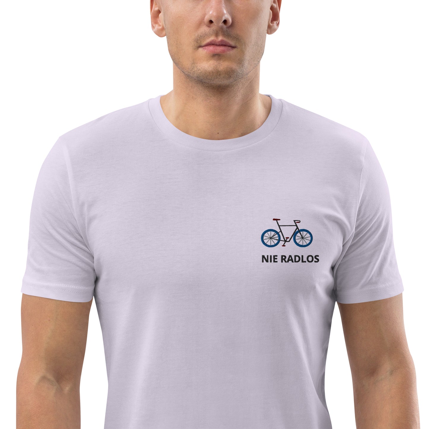 Fahrrad (NIE RADLOS) auf Unisex-Bio-Baumwoll-T-Shirt gestickt