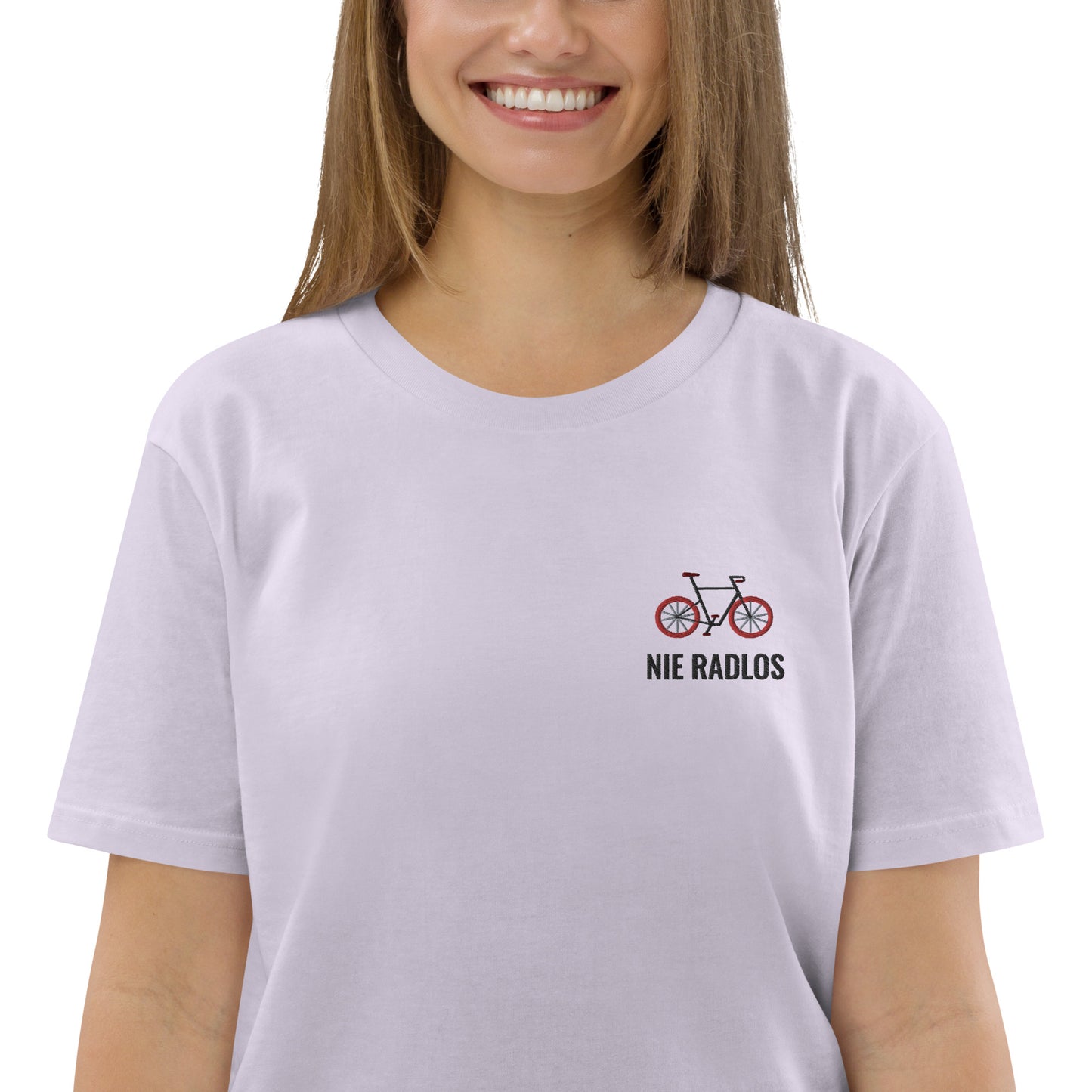 Fahrrad (NIE RADLOS) auf Unisex-Bio-Baumwoll-T-Shirt gestickt