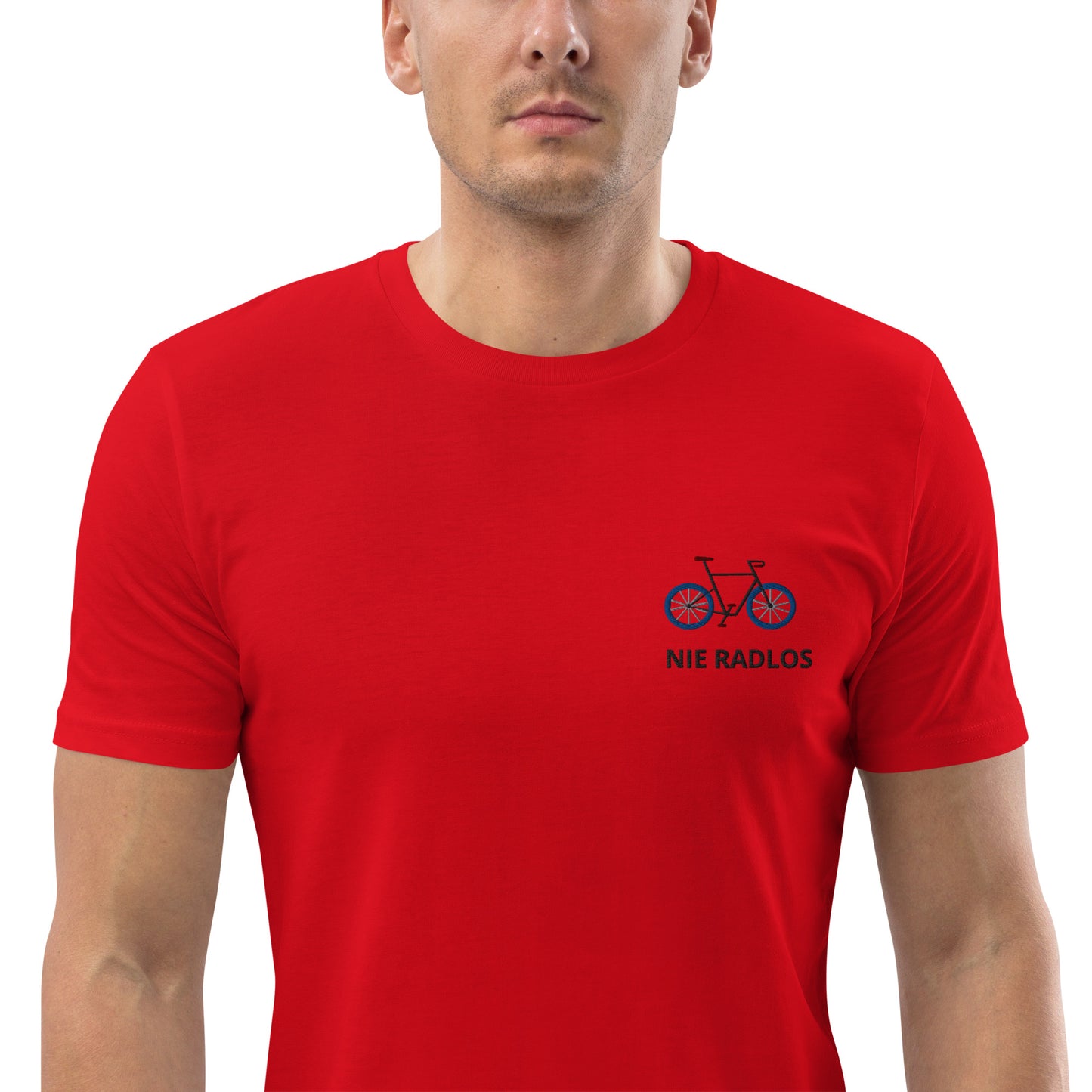 Fahrrad (NIE RADLOS) auf Unisex-Bio-Baumwoll-T-Shirt gestickt