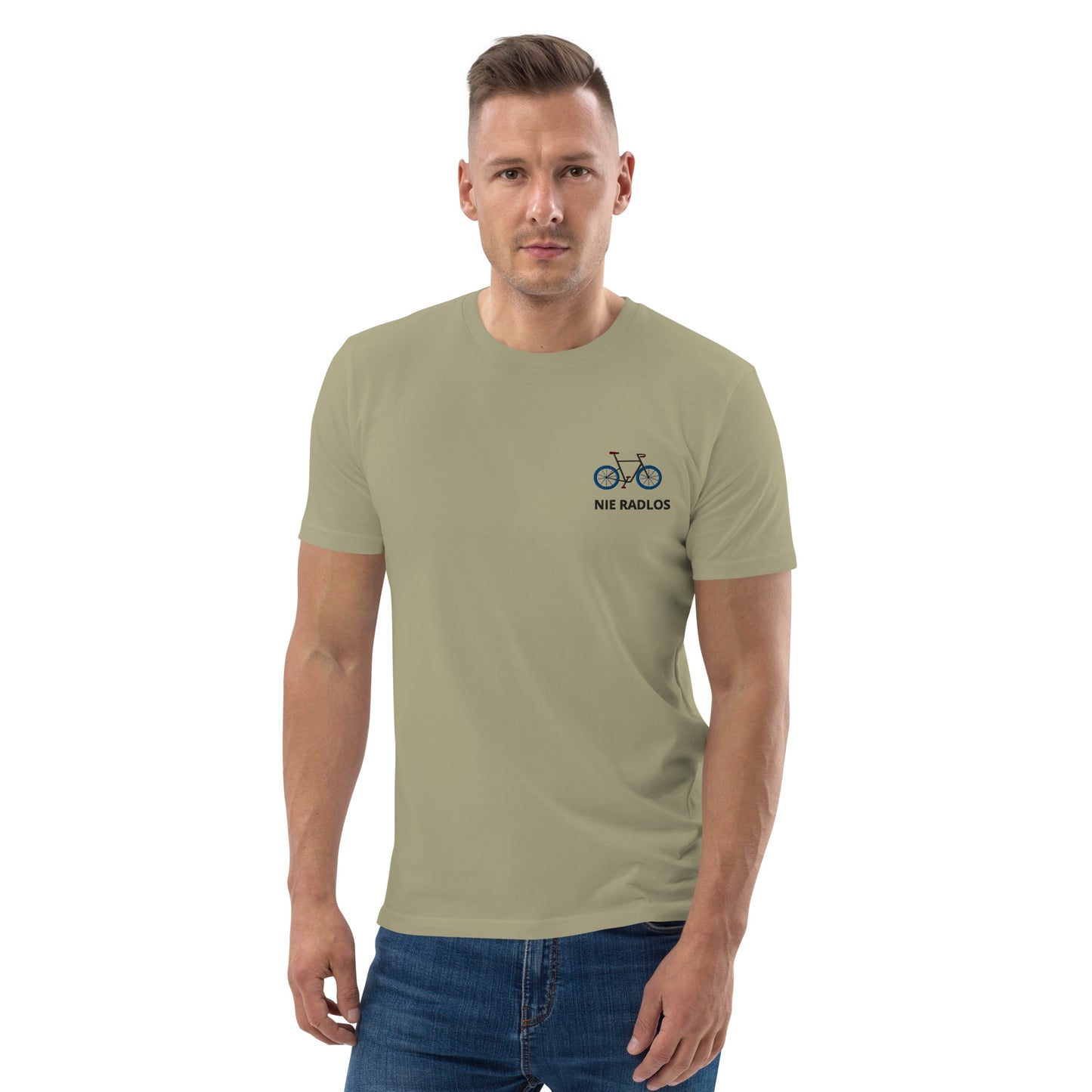 Fahrrad (NIE RADLOS) auf Unisex-Bio-Baumwoll-T-Shirt gestickt