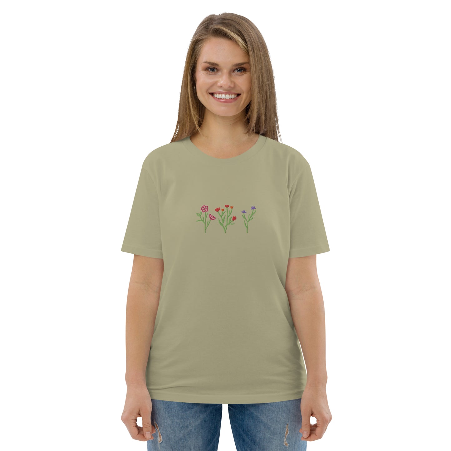 Wildblumen auf Unisex-Bio-Baumwoll-T-Shirt gestickt