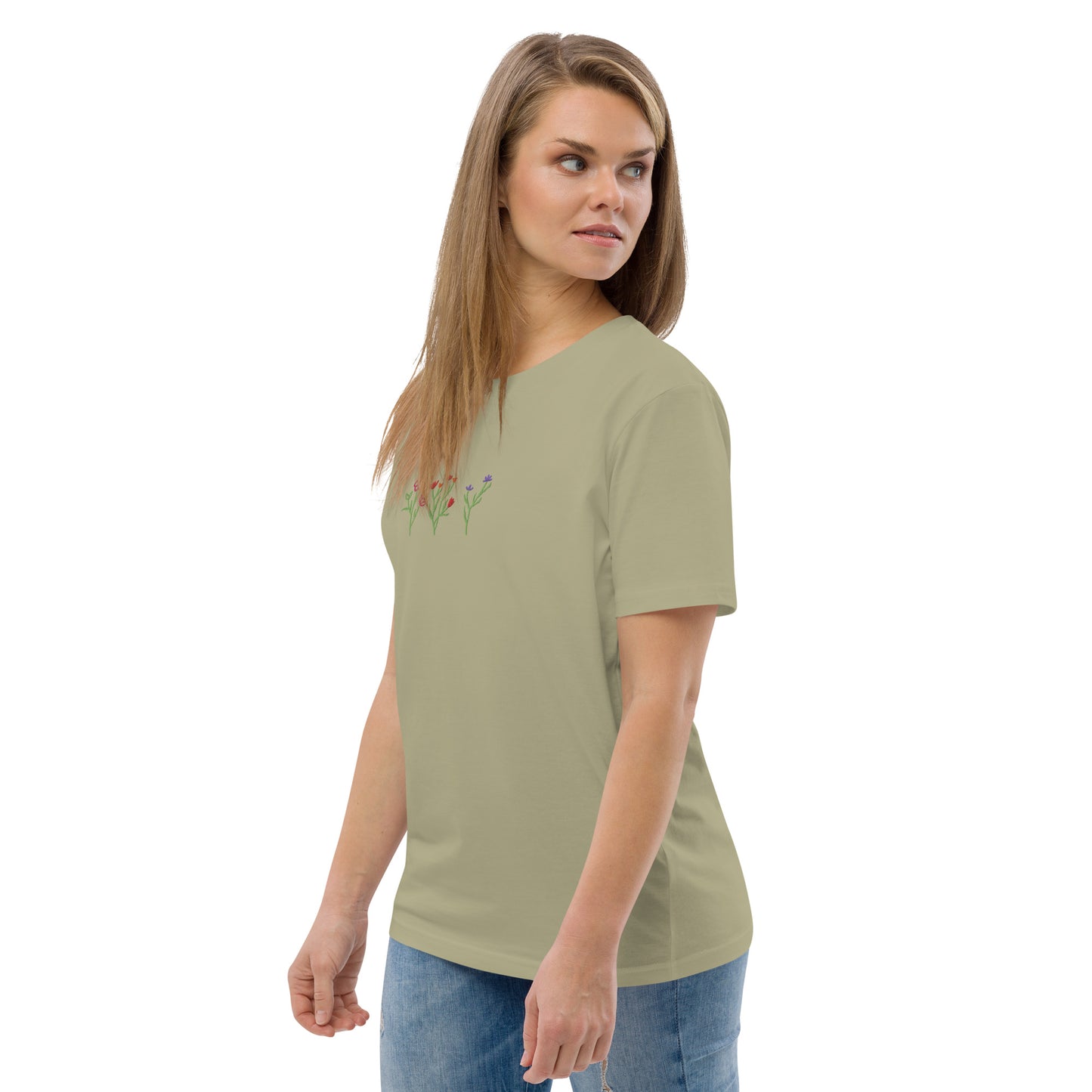 Wildblumen auf Unisex-Bio-Baumwoll-T-Shirt gestickt