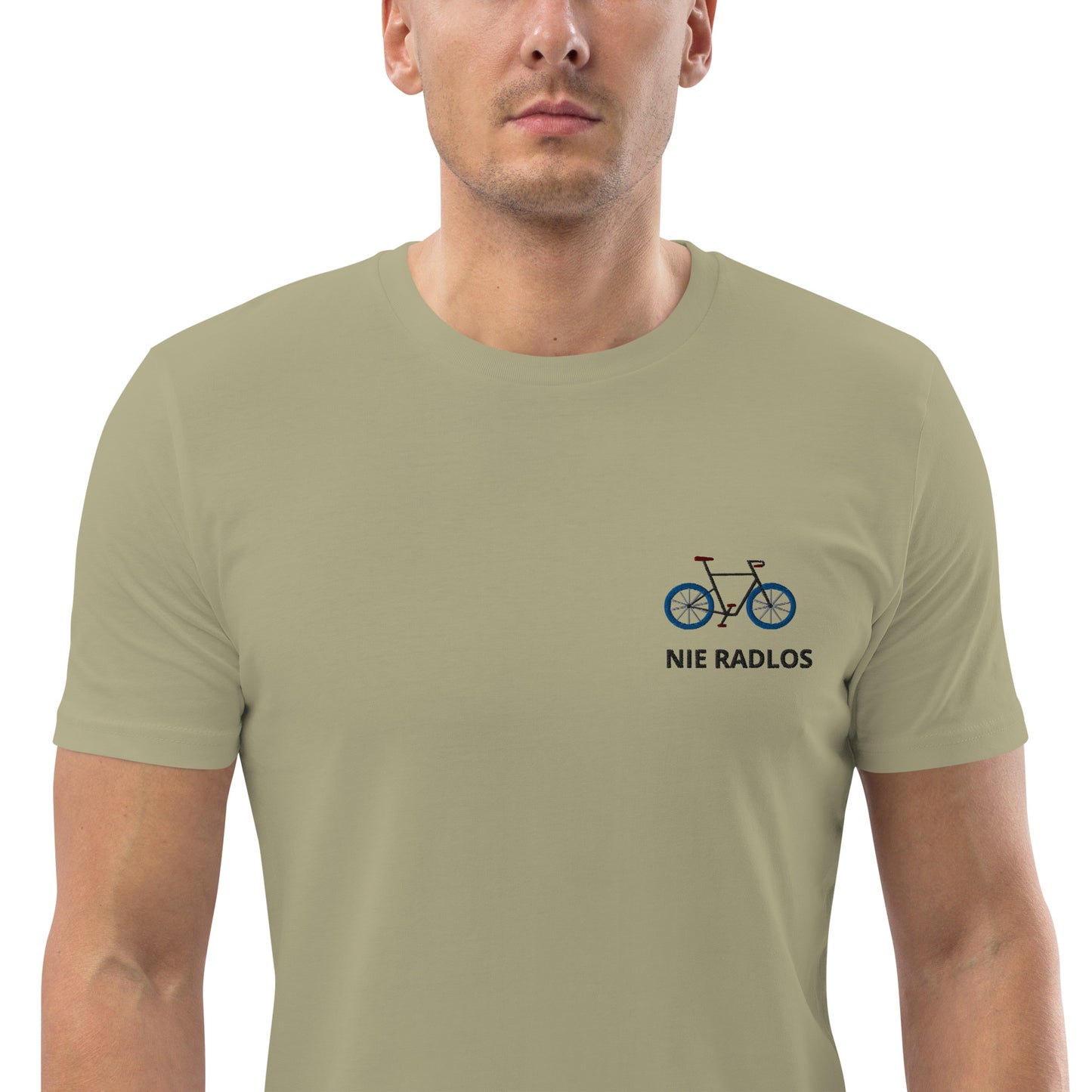 Fahrrad (NIE RADLOS) auf Unisex-Bio-Baumwoll-T-Shirt gestickt