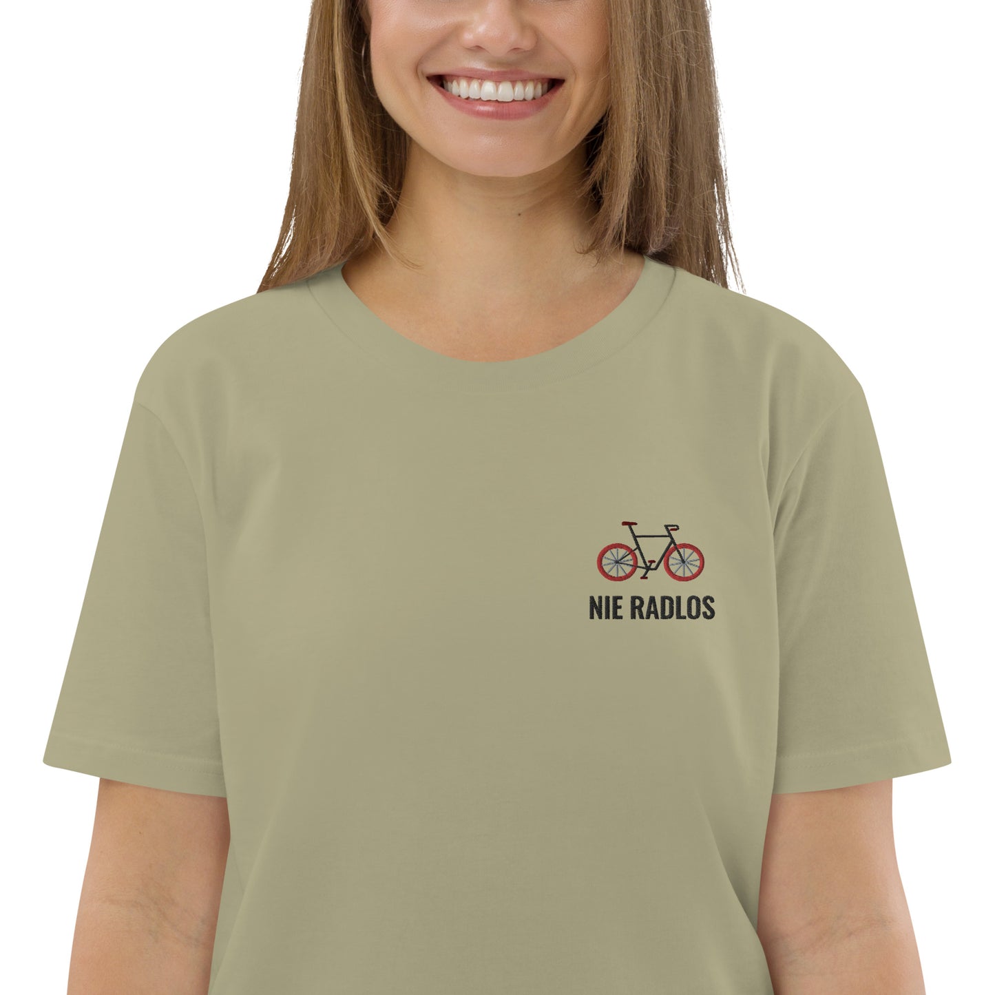 Fahrrad (NIE RADLOS) auf Unisex-Bio-Baumwoll-T-Shirt gestickt