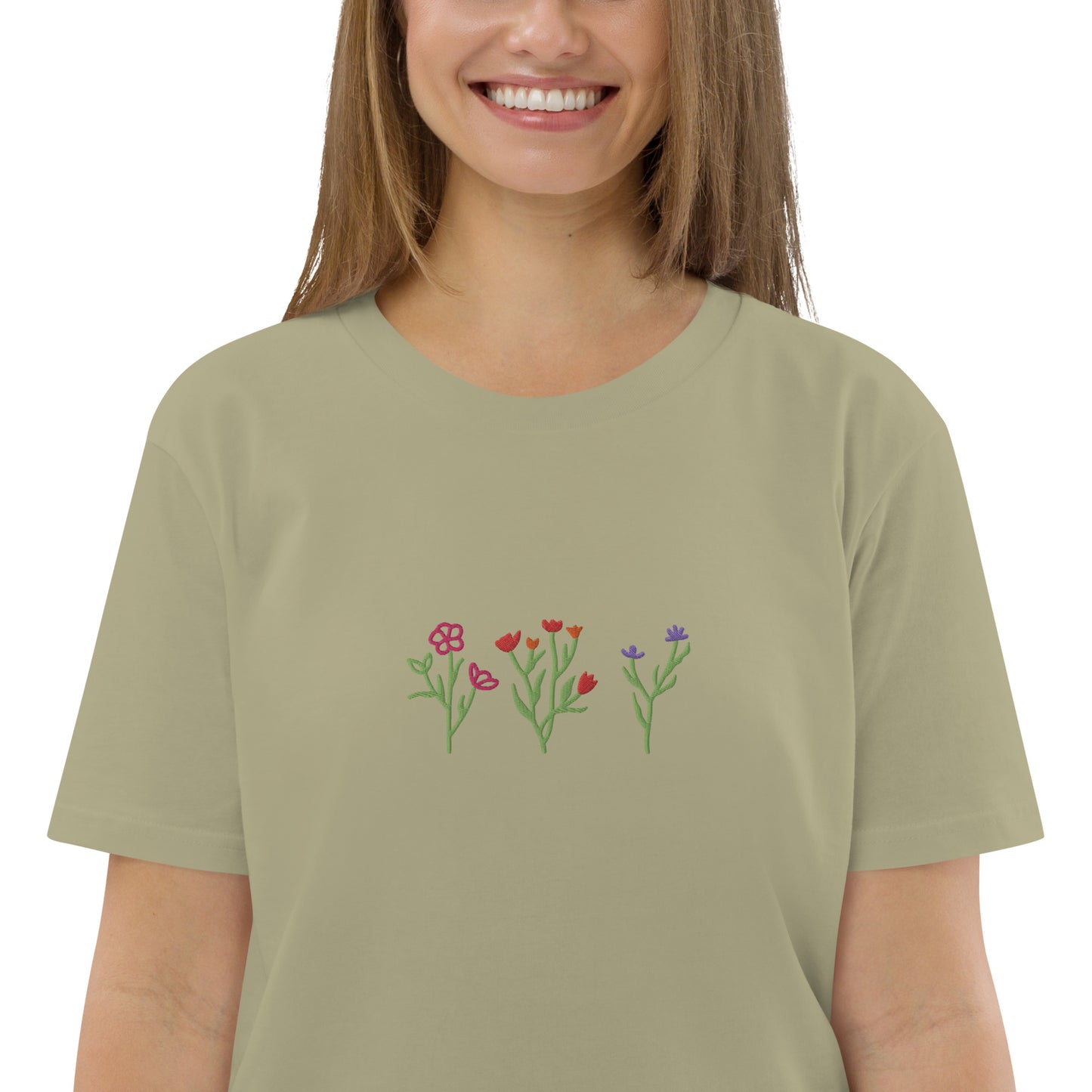 Wildblumen auf Unisex-Bio-Baumwoll-T-Shirt gestickt