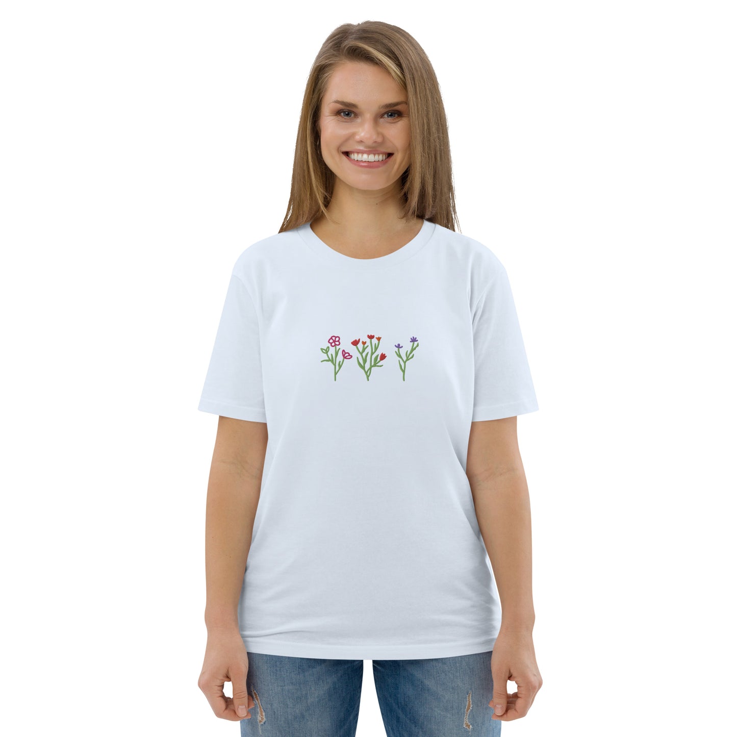 Wildblumen auf Unisex-Bio-Baumwoll-T-Shirt gestickt