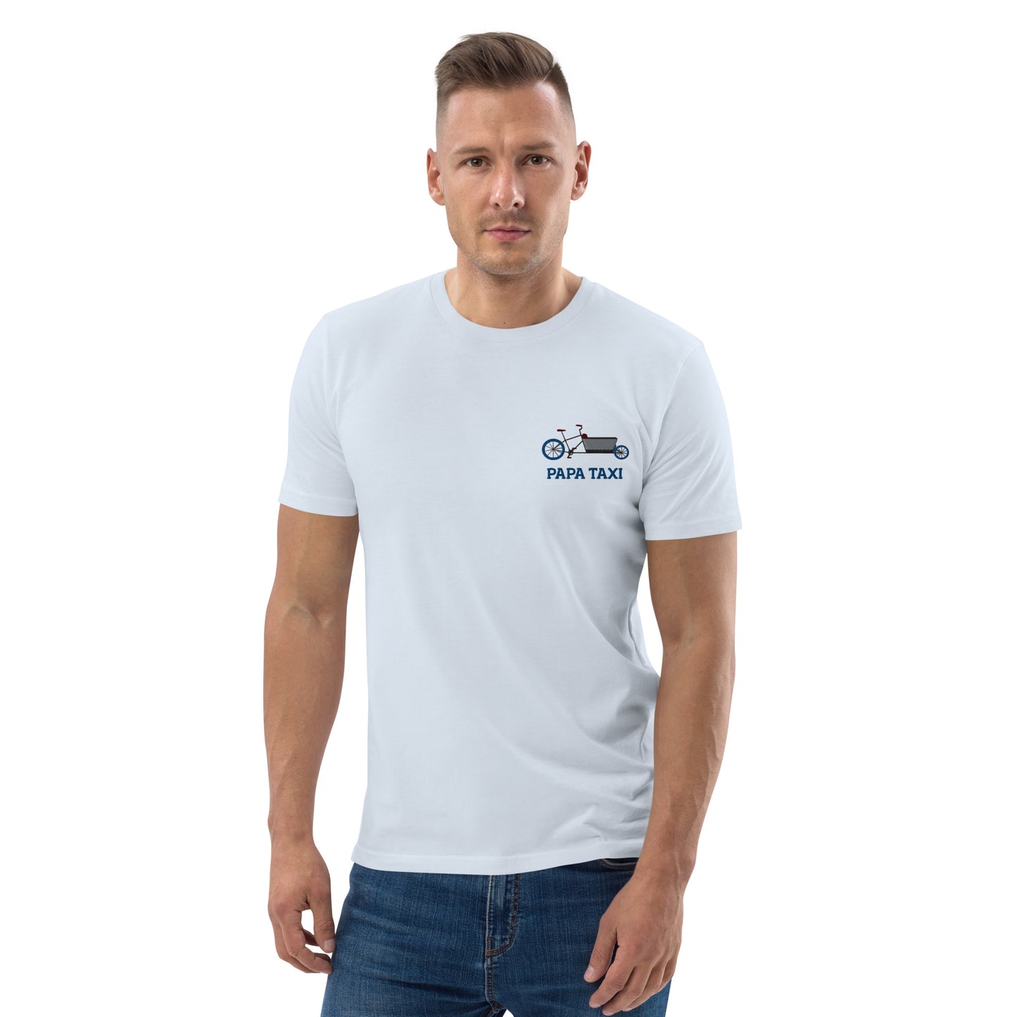 Lastenrad blaue Reifen auf Unisex-Bio-Baumwoll-T-Shirt gestickt Personalisierbar