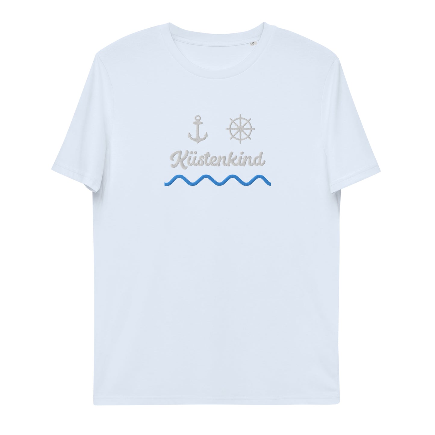 Küstenkind Motiv (Anker und Steuerrad) auf Unisex-Bio-Baumwoll-T-Shirt gestickt