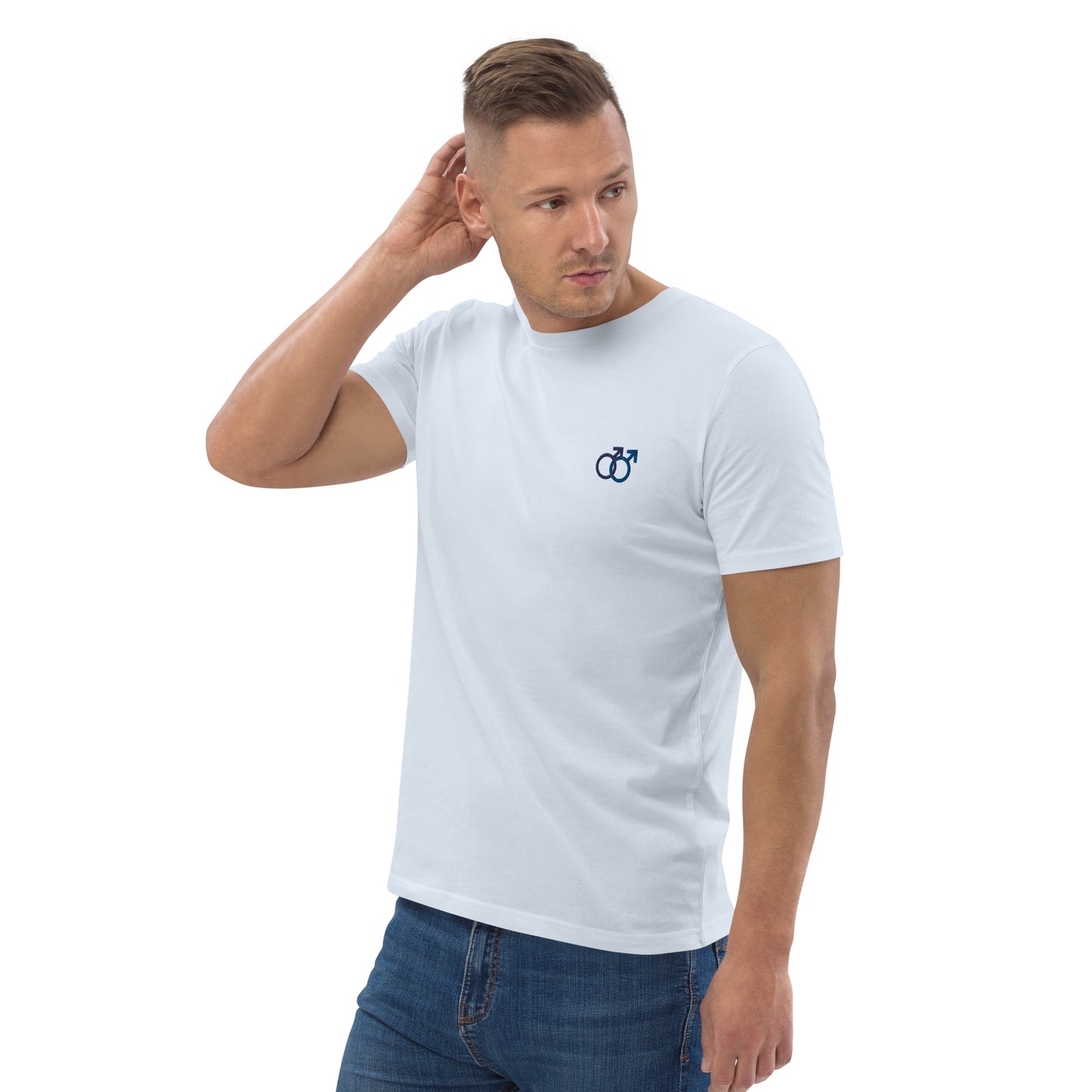 Mann liebt Mann blau auf Unisex-Bio-Baumwoll-T-Shirt gestickt