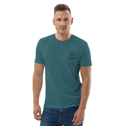 Fahrrad (NIE RADLOS) auf Unisex-Bio-Baumwoll-T-Shirt gestickt