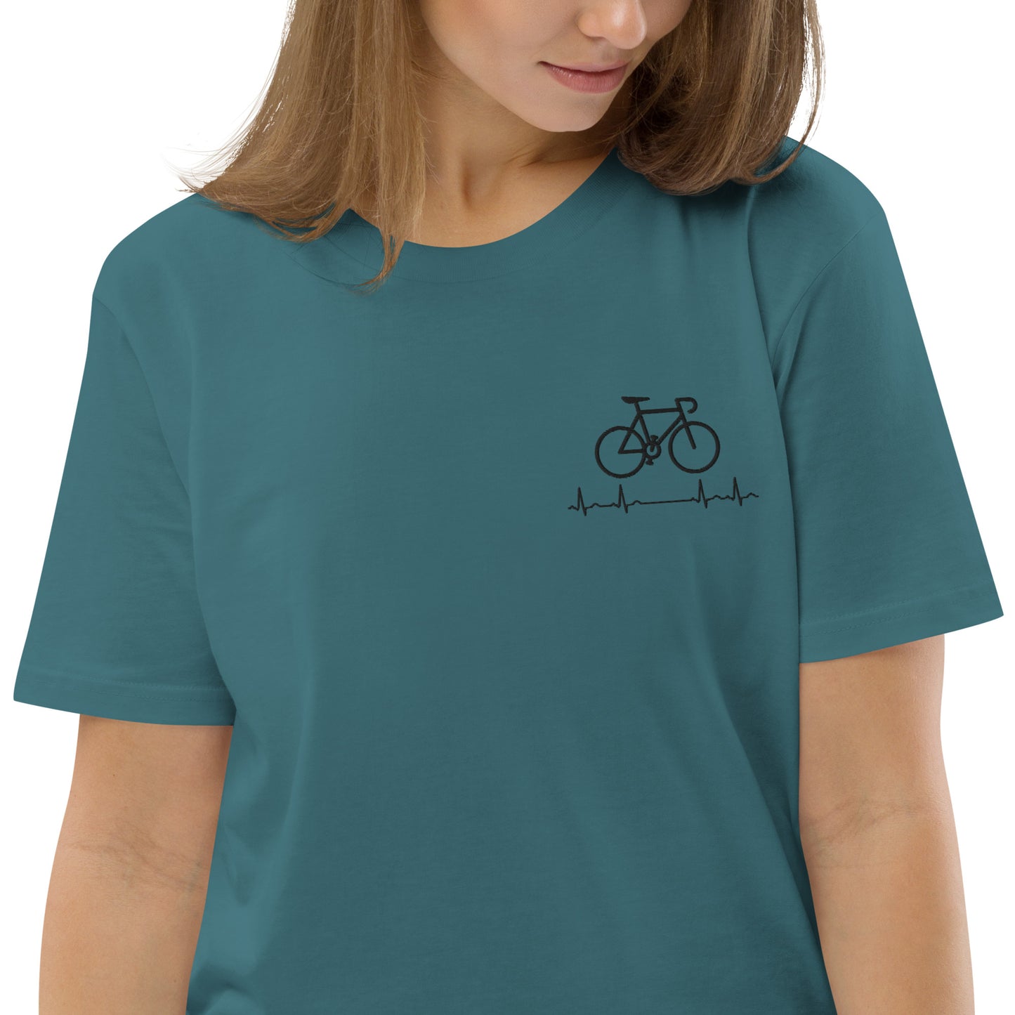 Fahrradliebe Herzschlag schwarz auf Unisex-Bio-Baumwoll-T-Shirt gestickt