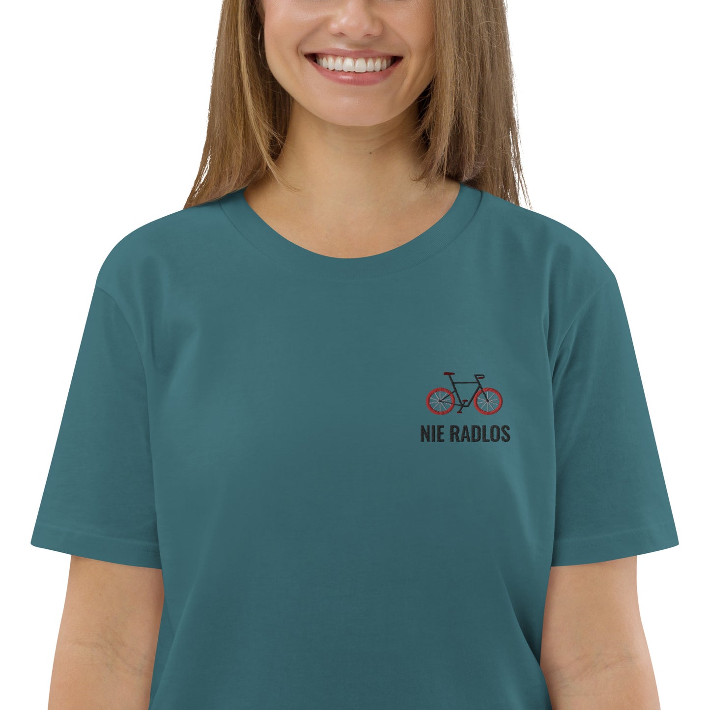 Fahrrad (NIE RADLOS) auf Unisex-Bio-Baumwoll-T-Shirt gestickt