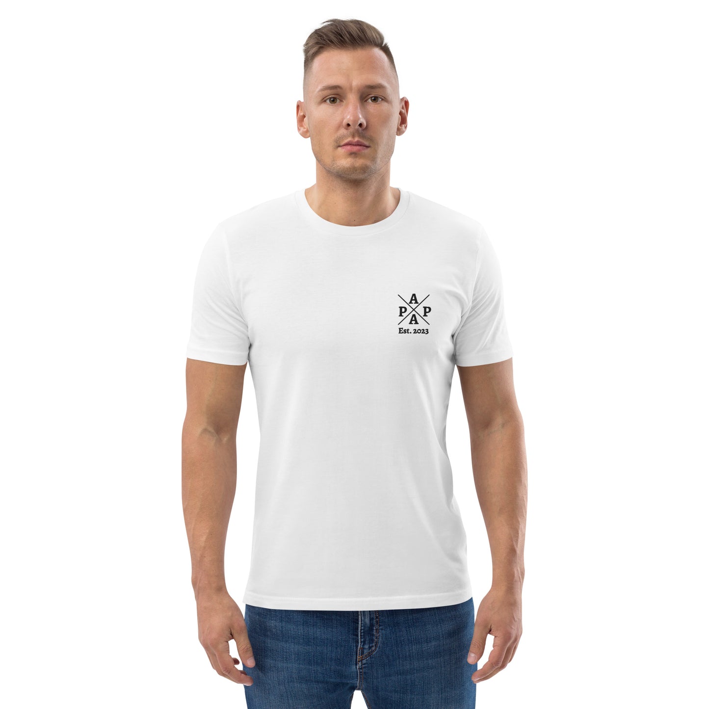 Papa auf Unisex-Bio-Baumwoll-T-Shirt gestickt Personalisierbar