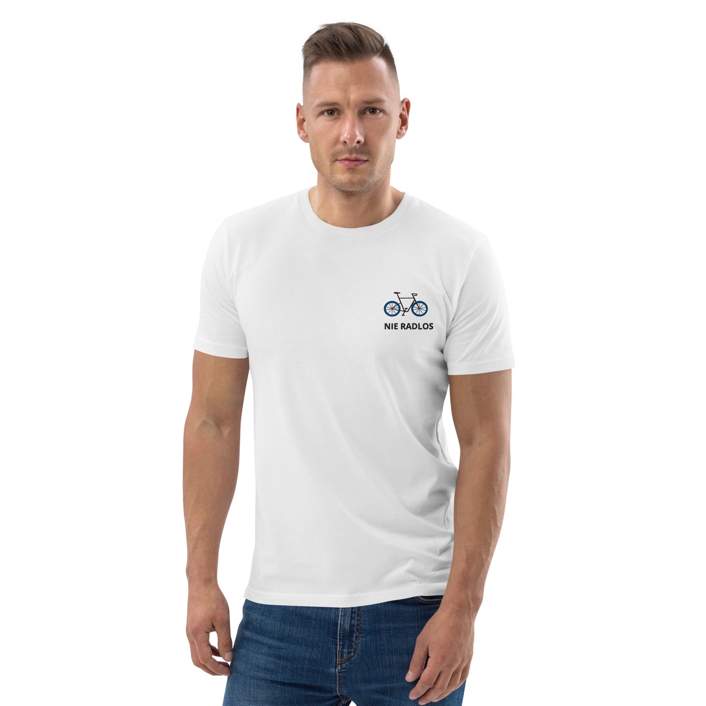 Fahrrad (NIE RADLOS) auf Unisex-Bio-Baumwoll-T-Shirt gestickt