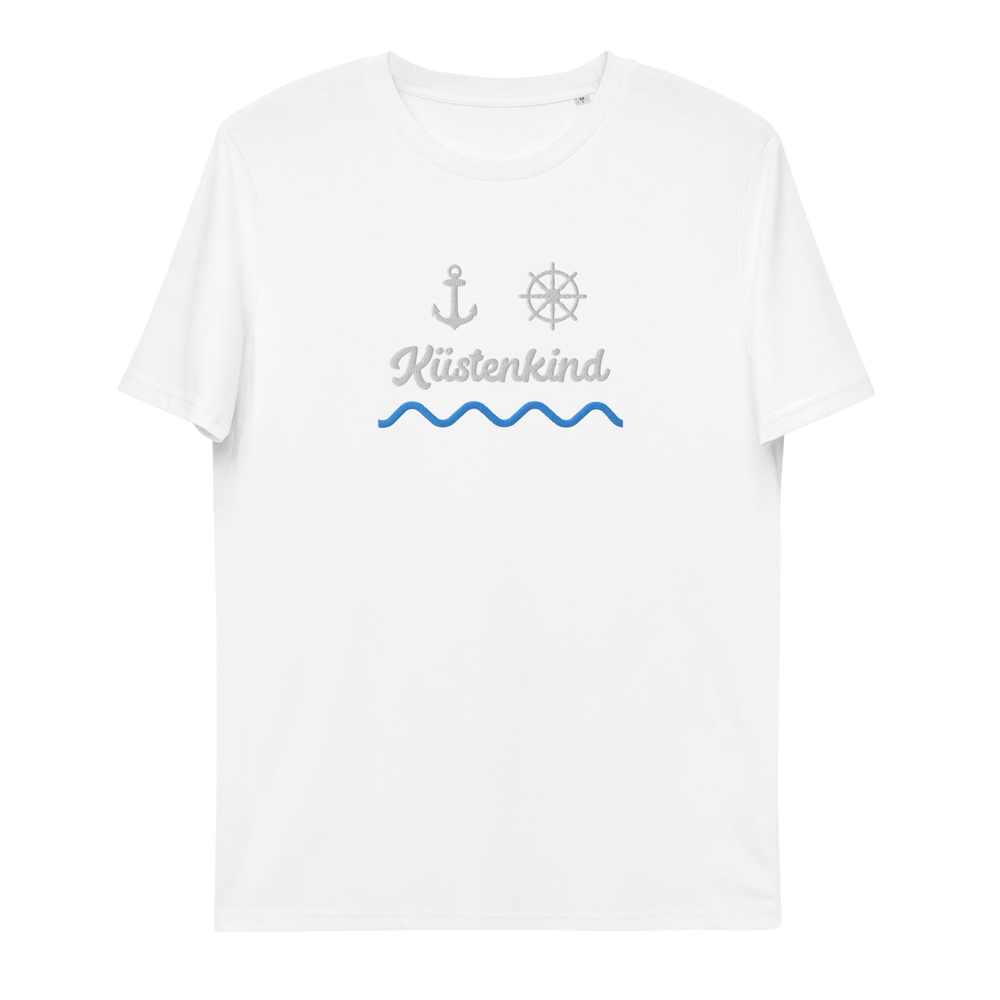 Küstenkind Motiv (Anker und Steuerrad) auf Unisex-Bio-Baumwoll-T-Shirt gestickt