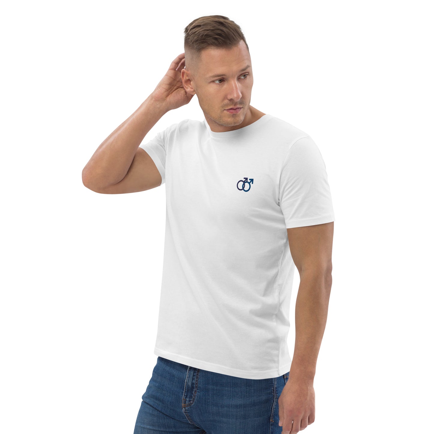 Mann liebt Mann blau auf Unisex-Bio-Baumwoll-T-Shirt gestickt