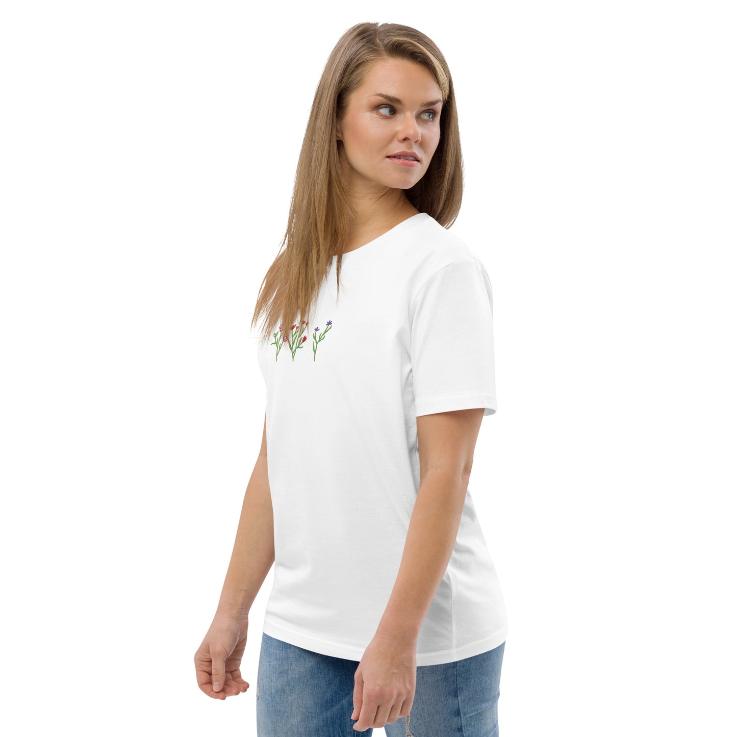 Wildblumen auf Unisex-Bio-Baumwoll-T-Shirt gestickt