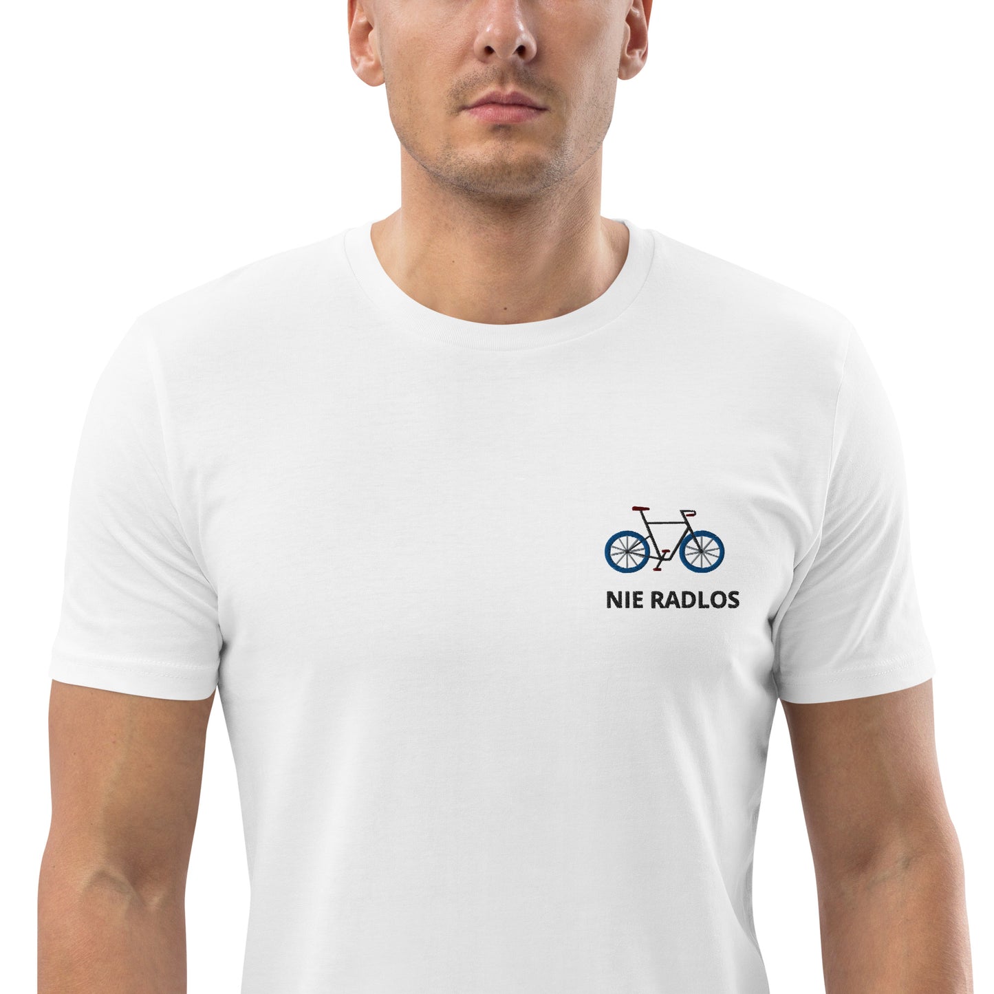 Fahrrad (NIE RADLOS) auf Unisex-Bio-Baumwoll-T-Shirt gestickt