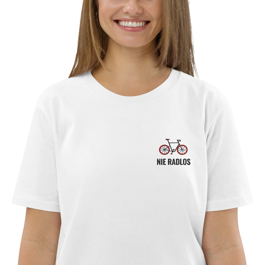 Fahrrad (NIE RADLOS) auf Unisex-Bio-Baumwoll-T-Shirt gestickt