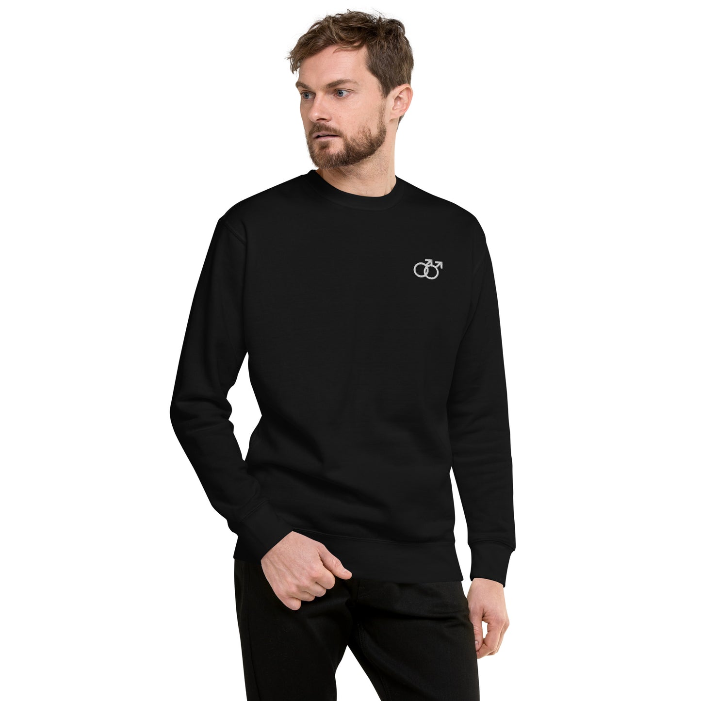 Mann liebt Mann weiß auf Unisex-Premium-Pullover gestickt