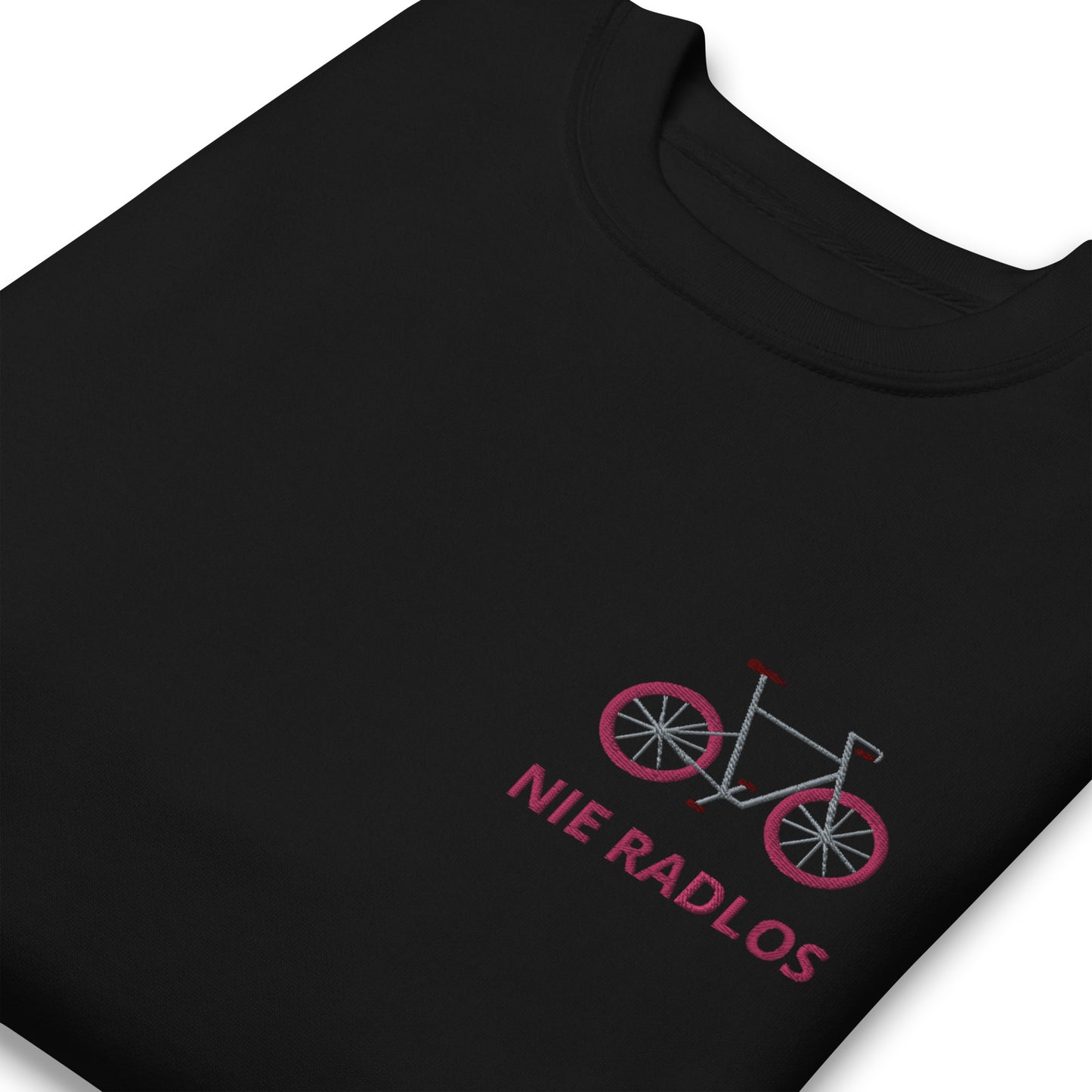 Fahrrad (NIE RADLOS) pink auf Unisex-Premium-Pullover gestickt