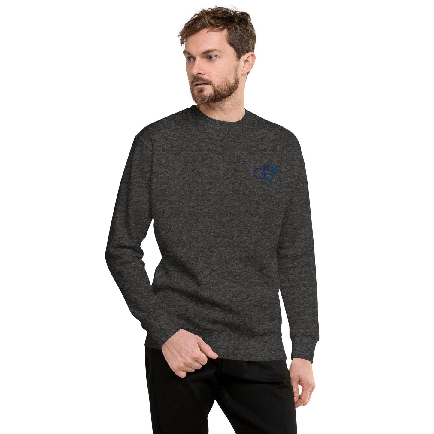 Mann liebt Mann blau auf Unisex-Premium-Pullover gestickt