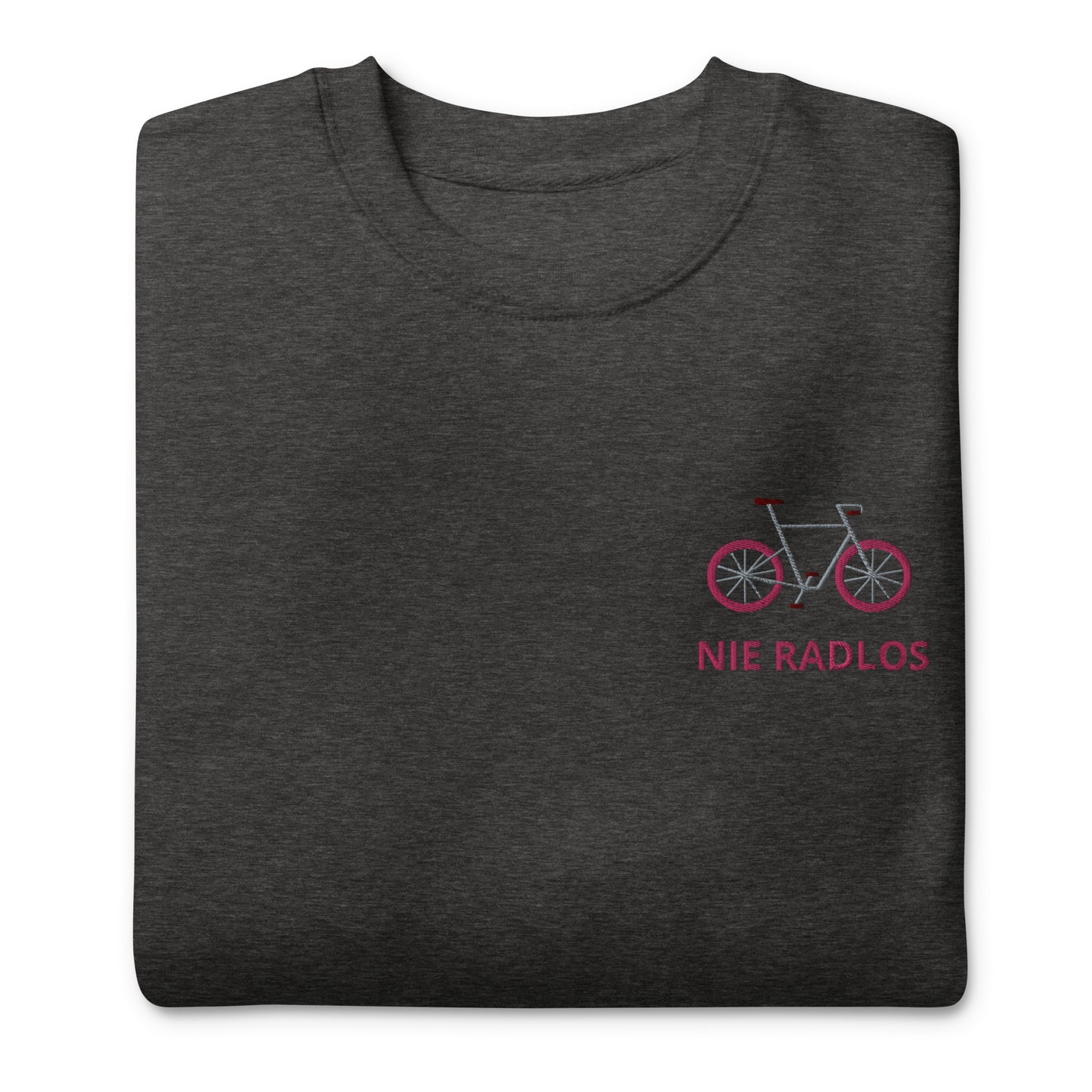 Fahrrad (NIE RADLOS) pink auf Unisex-Premium-Pullover gestickt