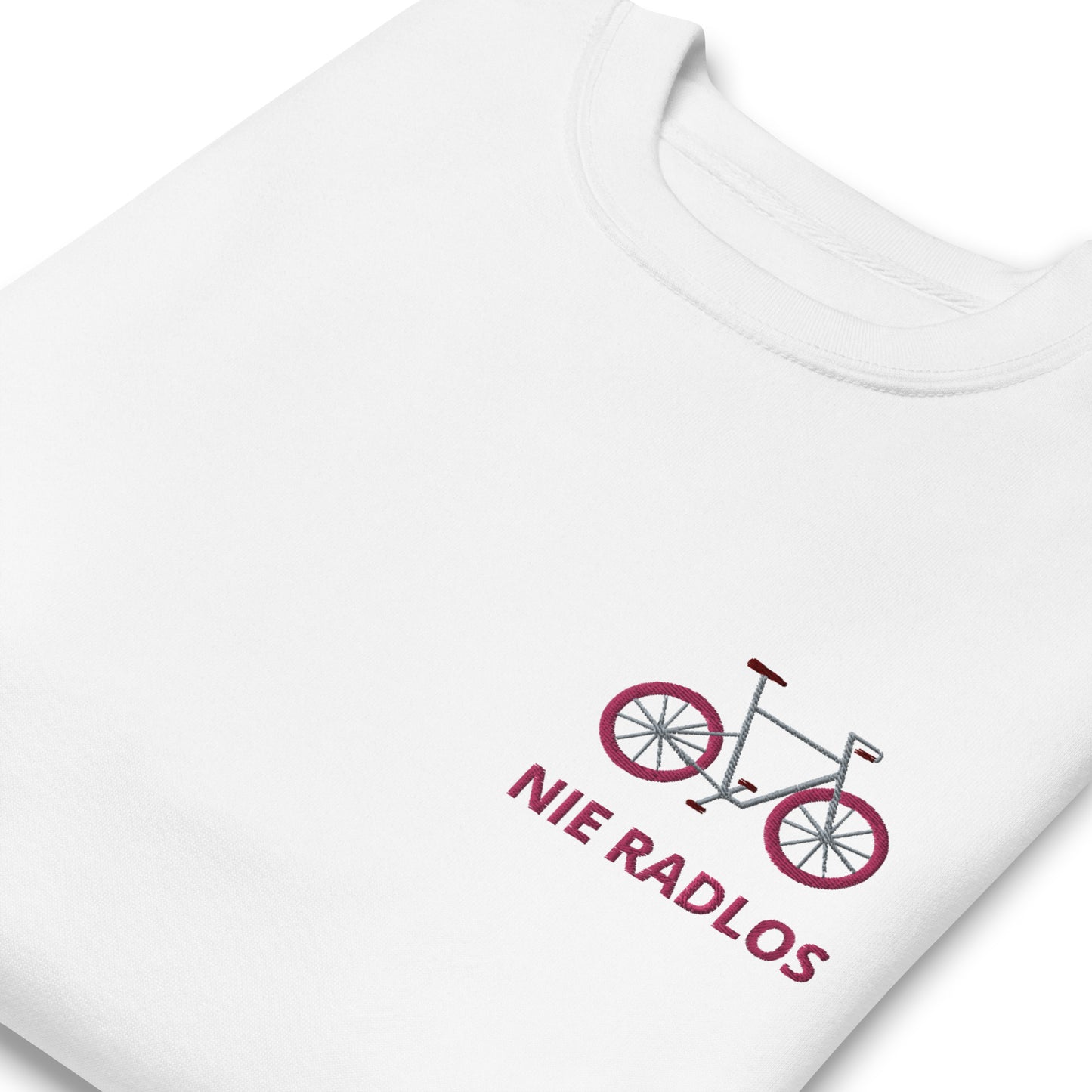 Fahrrad (NIE RADLOS) pink auf Unisex-Premium-Pullover gestickt