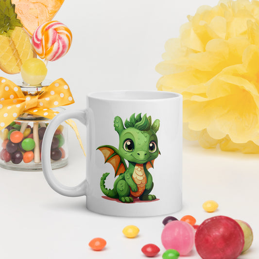 Süße Dino Tasse, Drachen für Kinder, Weiße, glänzende Tasse