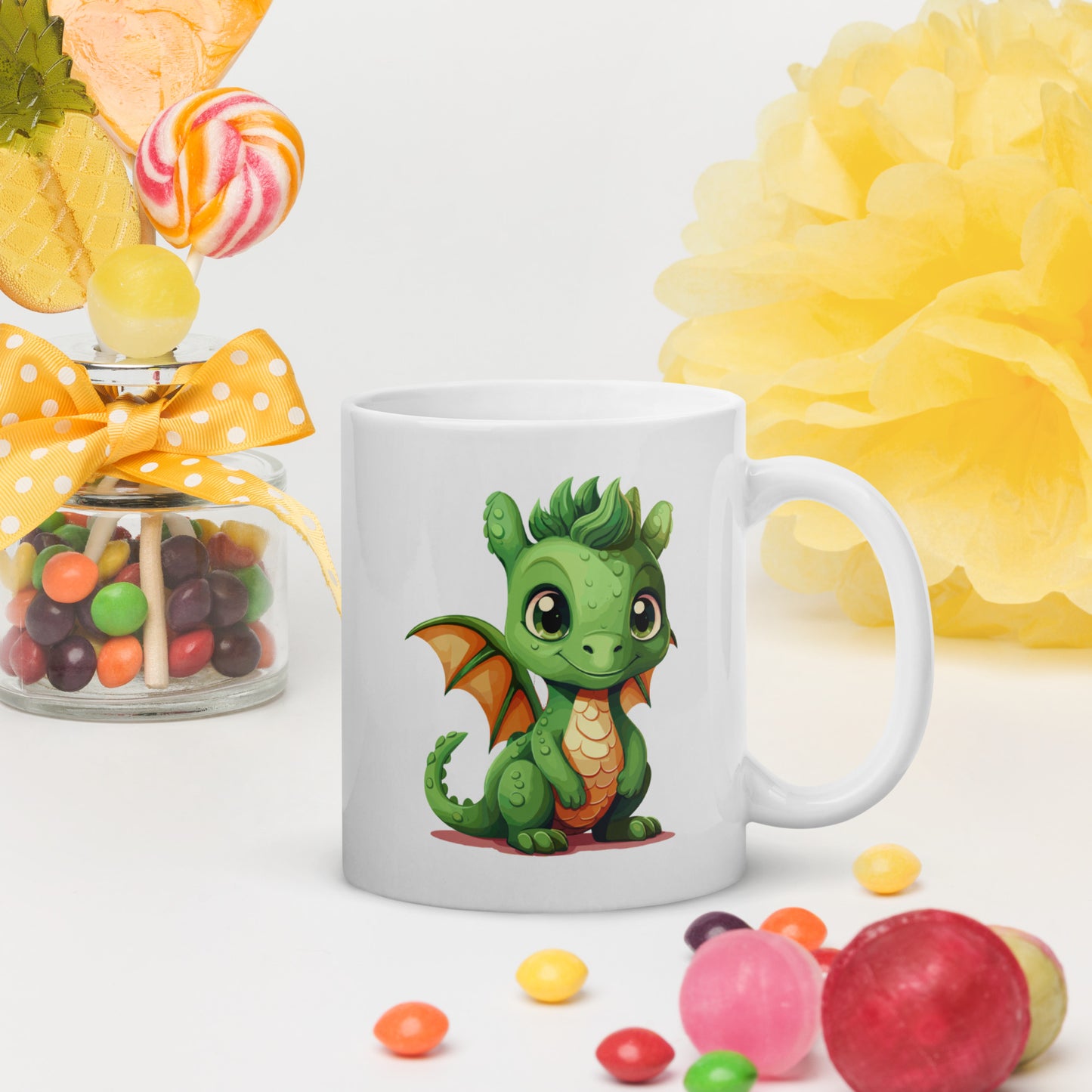 Süße Dino Tasse, Drachen für Kinder, Weiße, glänzende Tasse