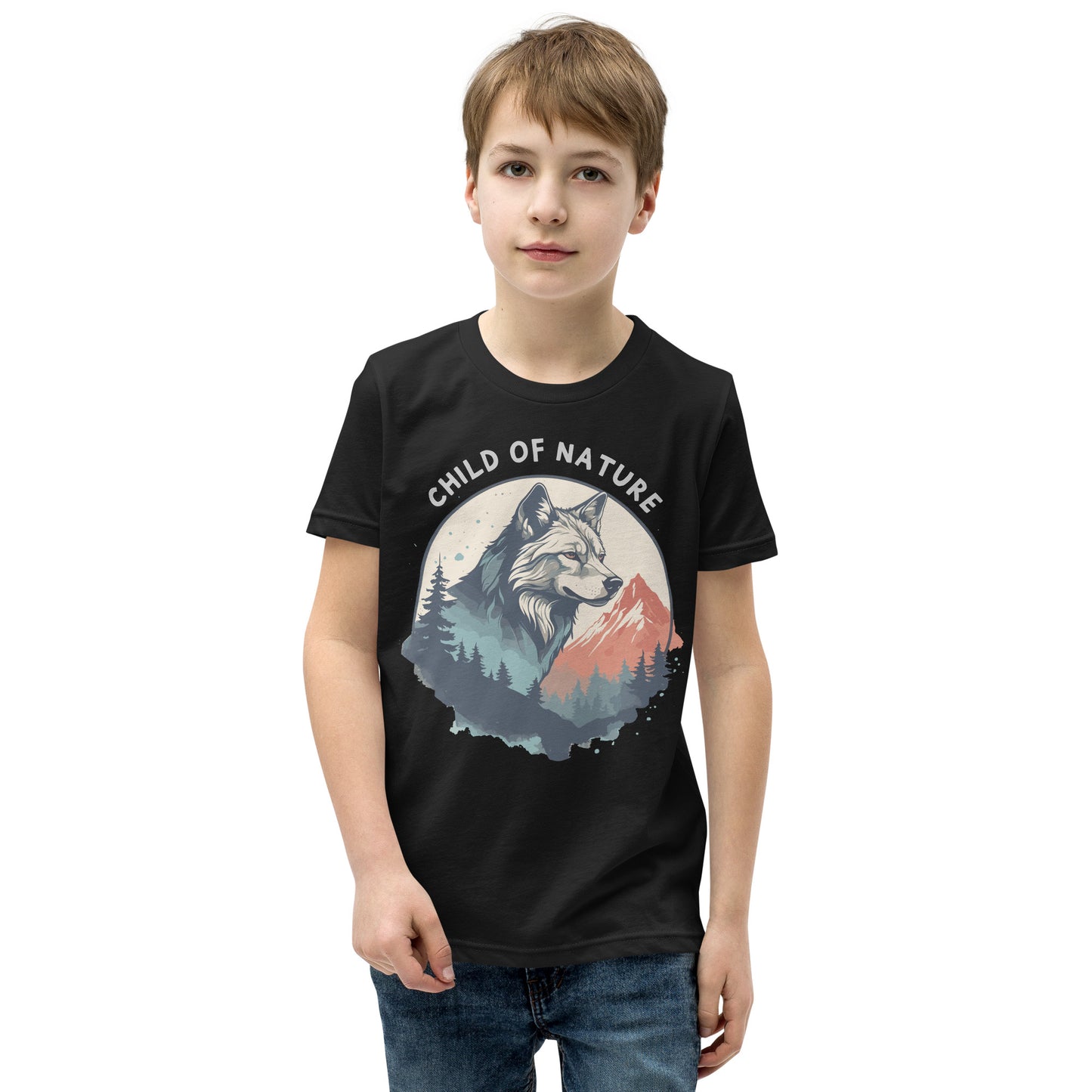 Wolf Natur auf T-Shirt für Kinder/Jugendliche gedruckt